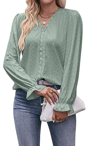 Coloody Långärmad blus för kvinnor enfärgad lös avslappnad elegant V-hals Chiffong Spets T-shirt Toppar Dam Kläder, Grön, S