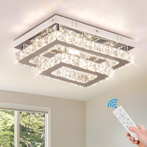 Finktonglan Plafoniera LED Cristallo Moderna Dimmerabile con Telecomando – Lampada da Soffitto Rettangolare Elegante in Acciaio Inox per Soggiorno, Sala da Pranzo, Camera da Letto