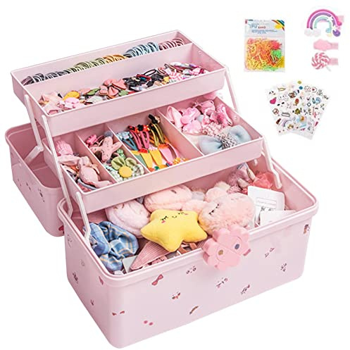 Organizador de accesorios para el cabello, 3 estantes con 2 cajones extraíbles, soporte para pinzas para el pelo, caja de almacenamiento rosa para accesorios para el cabello, caja de joyería para
