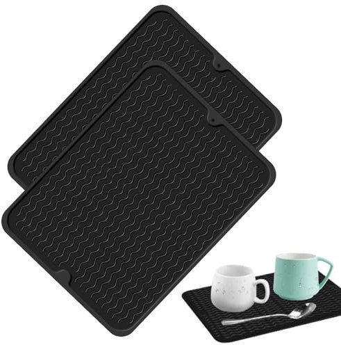 SLTAXAR 2 Stück Abtropfmatte Silikon, 40x30cm,Trockenmatte Geschirr, Silikonmatte Spüle, Hitzebeständig, Geschirrabtropfmatte, Geschirrmatte, Rutschfeste Abtropf Matte, für Küche Besteck (Schwarz)