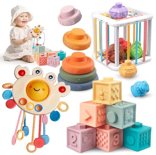Fozcmisw Montessori Spielzeug für Baby, 4 in 1 Sensorisches Baby Spielzeug Motorikspielzeug- Montessori Zugschnur, Stapelwürfel, Stapelringe, Babywürfel Spielzeug