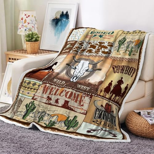 Xiaoput Western Cowboy Blankets, Retro Rustic Cowboy Hat Boot Throw Blanket, American Wild West Cowboy Riding Horses Soft Flannel Blanket for Baby Boys Kids Adults Home Decoration 60X70in Brown