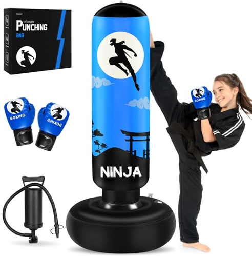 Sacco da boxe grande e stabile per bambini, pungiball bambini gonfiabile alto 168 cm, regalo per ragazzi e ragazze dai 5-12 anni, per praticare karate, taekwondo, MMA (Blu-2)