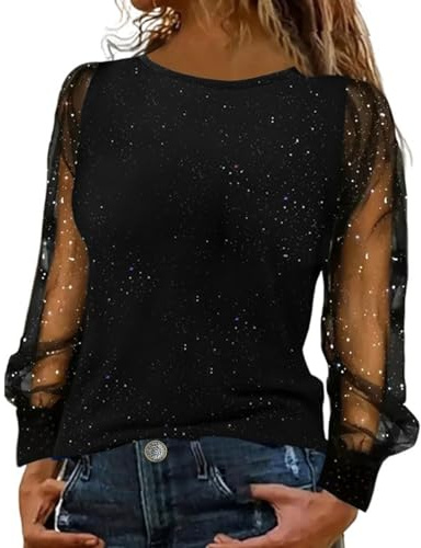 Blusa Donna Elegante con Paillettes Cerimonia Tops Pizzo Maniche Lunghe Maglietta con Glitter Sexy Taglie Forti Camicetta Brillantini Maglia da Sera Curvy Camicia Oro per Feste e Serate