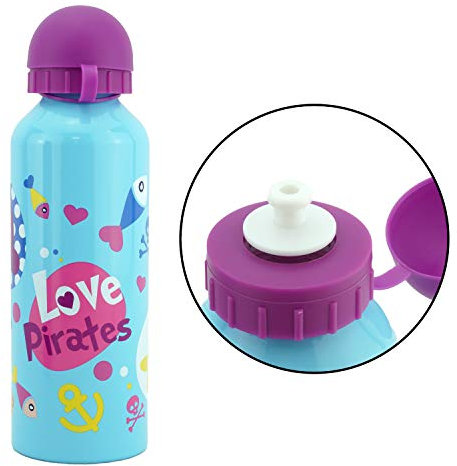 500ml Love Pirates Sky Blue Kids Water Bottle - Eco-Friendly, Durable, BPA-Free & Leakproof Aluminium Flask for School, Travel, Sports, Hiking & Camping - Perfect for Girls 3+ Years