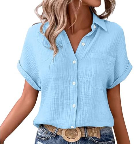 Chemisier Femme Chic Et éLéGant Coton Et Lin Chemise T-Shirts à Manches Courtes Tee Shirt Femme Col V Chemise Tunique Tops avec Boutons D'éTé DéContractéS Ample Couleur Unie Blouse VêTements