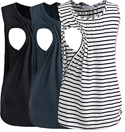 Smallshow 3 Pack Tops Lactancia Mujer Camiseta Sin Mangas,Black-Dark Grey-White Stripe,M