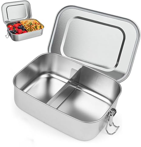 Megcdtr Stainless Steel Lunch Box, Metal Lunch Box with 1pcs Removable Divider, Leakproof Stainless Steel Bento Box with Lock Clip, Leakproof Lunchbox for Adults Camping Travel School Work(850ML)