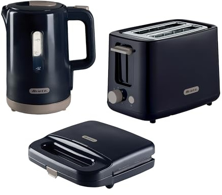 Ariete ARPK48 Breakfast Line Set – 1.7L Kettle, 2-Slice Toaster & 750W Sandwich Toaster, Retro Grey Design with Auto Shut-Off, Crumb Tray & Non-Stick Plates