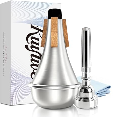 Kuylive 7C Trumpet Mouthpiece with Lightweight Aluminum Practice Trumpet Mute Silencer Fit for Yamaha Bach Conn King Replacement Musical Instruments Accessories, Silver