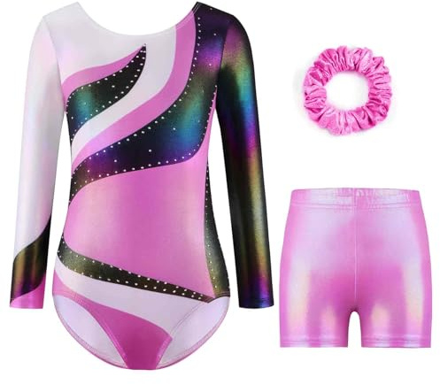Gymnastiktrikåer set för dansande flickor – långärmade och ärmlösa trikåer med shorts och pannband tonad färg glittrande balettdansande enheter gymnastikkläder, present till 110–150 cm flickor, C185