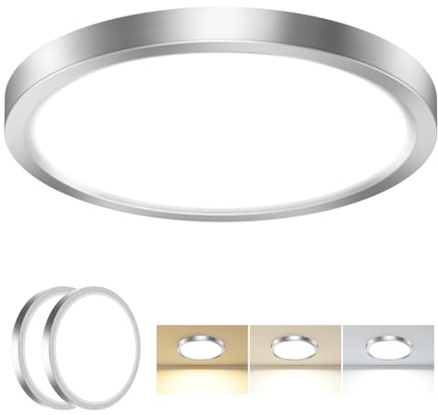 slochi 2Pack Bathroom Light, 3000K/4000K/6500K 3 Color Temperature, Waterproof, Small, Round, Modern, Flush Ceiling Light for Bathroom, Kitchen, Bedroom, HallwayØ30CM(Brushed Nickel)