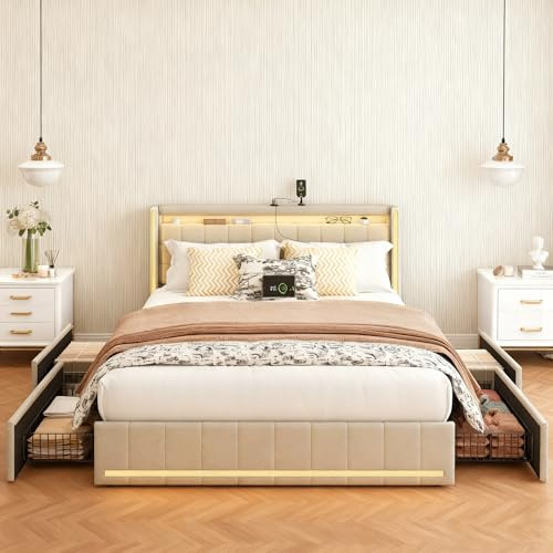 BRYXR Lit capitonné 160 x 200 cm avec tête de lit LED, lit double, avec fonction de charge USB et sommier à lattes, 4 tiroirs pratiques et design élégant, idéal pour les chambres d'adolescents et les