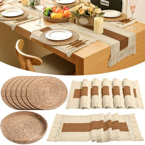 Gandeer Boho Placemats 4/6/8 Set of Round Woven Placemat Macrame Style Bicolor Stitching Long Table Runner Farmhouse Rustic Natural Burlap Cotton for Kitchen Dining Table(6 Sets,Caramel Color,12x72)