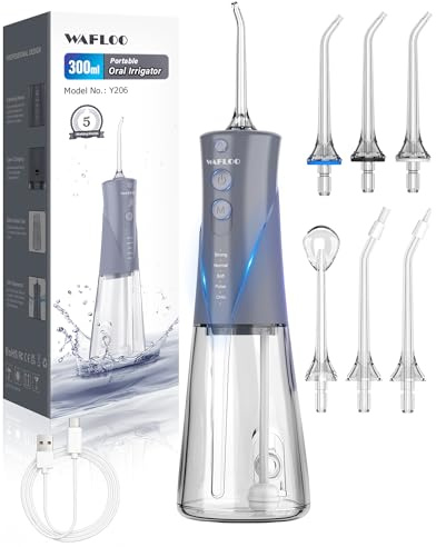 WAFLOO Irrigador Dental Portatil, 5 Modos de Limpieza con 6 Boquillas, Tanque de Agua de 300ml, IPX7 Impermeable, Ideal para Limpieza Dental en Casa y de Viaje（Gris）