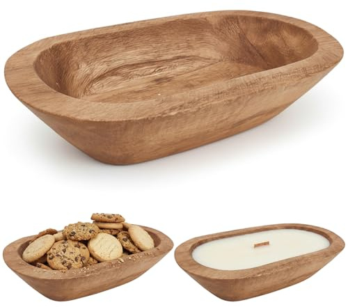 Hilai Wooden Candle Bowl, Rustic Decorative Wooden Bread Bowl for Bread Making Dining Room Table Centerpiece Home Decoration, 8.7x5.1x2in