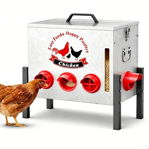 Comedero Automático para Gallinas de 25 kg, Comedero Automático con 8 Aberturas, Ventana y Altura Ajustable, Comedero Anti Ratas para Gallinas, Patos, Gansos - Accesorio para Gallinero
