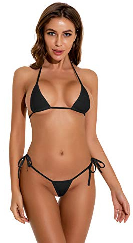 Oneheekini Women Sexy Halterneck Tiny Mini Micro Bra Charming Bikini G String Bottom Beachwear 2 Pieces, Black, One Size M