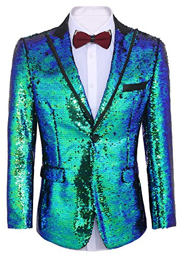 COOFANDY Shiny Sequins Suit Jacket Blazer One Button Tuxedo for Party,Wedding,Banquet,Christmas,Nightclub,Blue,X-Large
