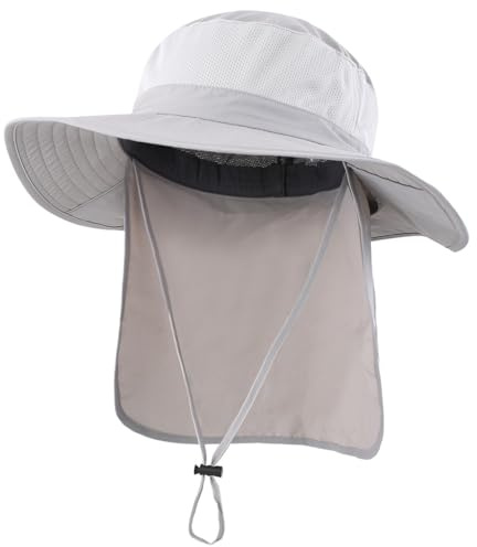Decentron Men's Sun Hat with Neck Flap Summer Foldable Breathable Fishing Cap Wide Brim Sun Protection Hat Light Gray