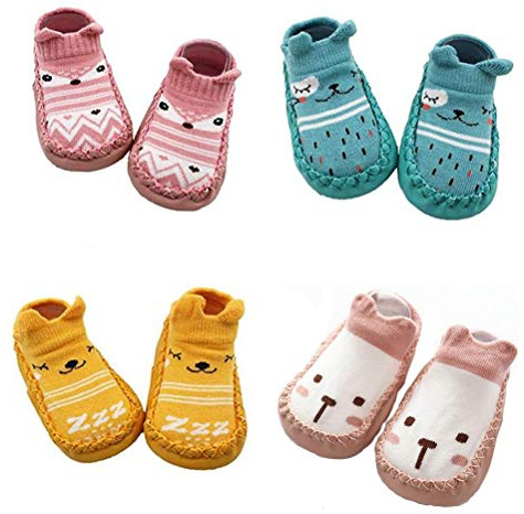 XM-Amigo 4 Pairs of Baby Boys Girls Indoor Pre-Walker Shoes Slippers Anti-Slip Shoes Socks, Pink Set02, 12-18 Months