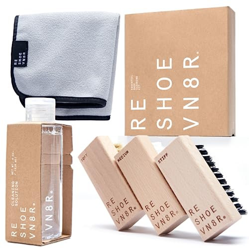 Resheovn8r Essential Kit 5 Piece Set Trainer Care Shoe Cleaning 3 Brushes Microfiber Towel 4 oz of Solution 50 Cleans