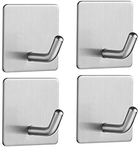 Crochet Adhesif 4 Pièces Crochet Mural en Acier INOX sans Perçage Porte Serviette avec Scotch Adhésif Crochets de Salle de Bains Salon et Cuisine pour la Serviette de Bain Patere Carré - Argent Mat