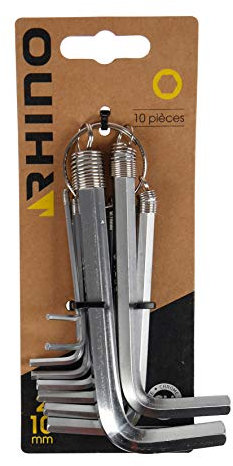 Rhino - Llaves Allen - Juego de 10 llaves macho hexagonal, juego de 10 llaves allen - Diámetro de 2 a 10 mm - Fabricado en acero (cromo vanadium) - Garantía de por vida - Varios tamaños disponibles