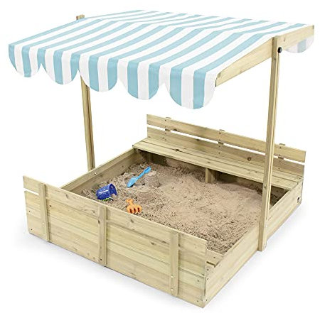 Plum 25509AA108 Sandkasten mit Baldachin - Holz-Sandkasten mit Sonnenschutzdach - Das höhenverstellbare Baldachin - Zwei Holz-Seitenbänke - Abdeckung und Liner inklusive