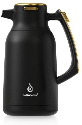 IDEUS Thermal Coffee Carafe 68oz (2,000ml), Stainless Steel Double Wall Insulated Vacuum Flask, Water Jug Coffee Server and Beverage Dispenser, Heat and Cold Retention (Black-Gold, 68oz (2,000ml))