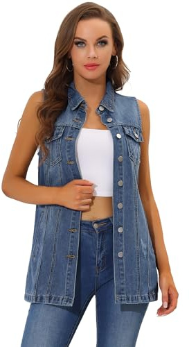 Allegra K Demin Gilet sans manches boutonné en jean mi-long pour femme | Boutonné, col rabattable, délavé, détruit, longueur cuisse, style western avec 4 poches