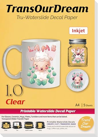 TransOurDream Tru-Waterslide Decal Paper Inkjet Clear 1.0 A4 5 Sheets Wet Slide Transfer Inkjet Decals Transparent Sticker Paper(W1.0-5)