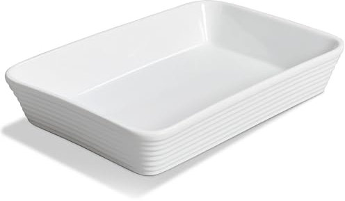 ONEMORE Plat de cuisson en céramique de 22,9 x 33 cm, grand plat de cuisson rectangulaire pour four, plat profond, plat à lasagnes pour repas de famille, plat de cuisson blanc nervuré pour rôtir et