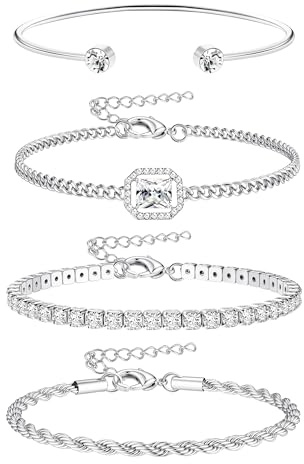 Dochais 4 Stück Damen Armband Silber - Tennis Armband 14K Vergoldet Diamant Zirkonia Boho Gold Twist Armbänder für Frauen Verstellbar