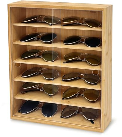 CODOHI Bamboo Sunglasses Display Case Wall Mounted, Sunglasses Organizer, Large Glasses Display Holder, Eyewear Storage Box, Bamboo Shadow Box for Sunglass, Eyeglasses Display Shelves Rack, 13x15.2