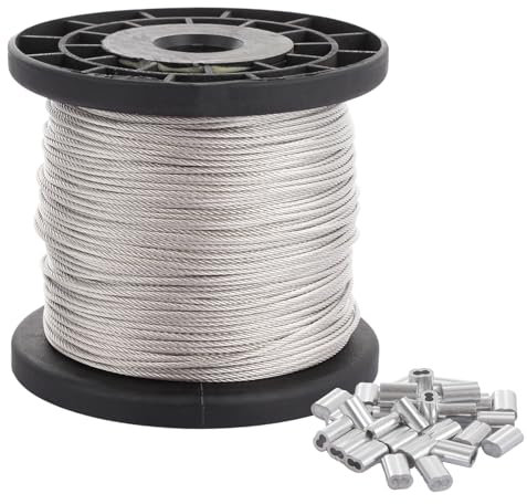 LOLYSIC 2mm x 70M Wire Rope, Stainless Steel Cable Wire Spool with 70 Pcs Aluminum Crimping Sleeves, Heavy Duty Metal Garden Wire Cable Picture Frame Hanging Wire, 7x7 Strand Core