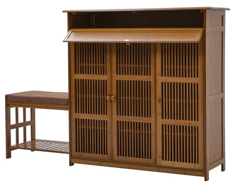 Warmiehomy Wooden Shoe Cabinet with Cushion,Hallway Shoe Storage Bench with Doors and Bench 4 Tier Storage Bench with Padded Seat for Entryway, Living Room, 100 x 33 x 99cm