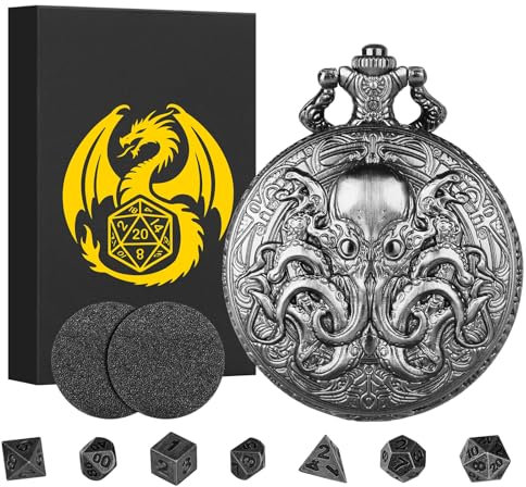 Mini DND Würfel Set, mit Steampunk Doppelaugen Oktopus Taschenuhrgehäuse, 7-teilige Polyedrische Metall D&D Würfel, DND Geschenke mit Geschenk Box, Rollenspiele-Brettspielzubehör Würfel, Dunkel Silber