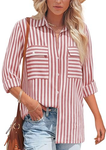NONSAR Blusa para mujer de manga larga con rayas, camisa casual a rayas, de algodón, túnica, manga larga, blusa de lino, L
