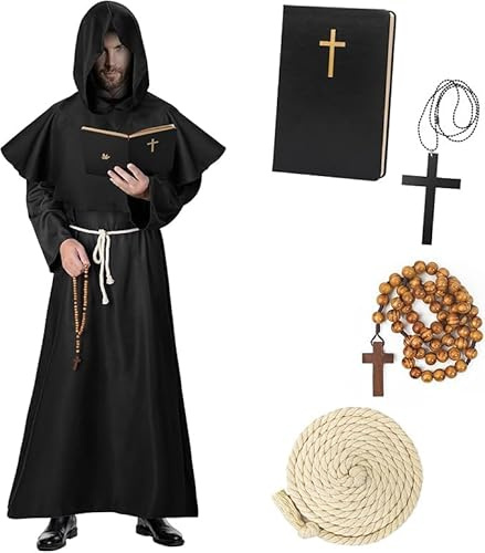 Haozozo Costume Halloween Uomo,Set Costumi Halloween Uomo Da Monaco Comprensivo Di Abito Da Monaco, Tonaca, Taccuino Classico E Decorazione A Croce - Vestito Halloween Adulto Da Medievale