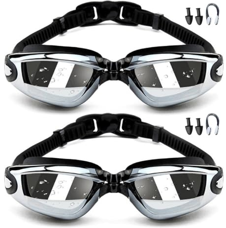 Blazyo Swimming Goggles Pack of 2, Electroplated Anti Fog Leak Proof Swim Goggles for Men Adults, UV Protection Crystal Clear Vision with Free Protection Case, Nose Clip and Earplugs
