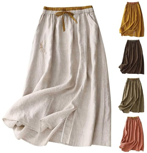 Faldas de lino para mujer con bolsillos, falda larga de verano para mujer, cintura elástica, faldas largas bordadas para mujer, vestidos bohemios acampanados, casuales, lisos