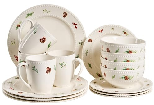 Tafelservice 16-teilig Porzellan weiß für Weihnachten Geschirrset Marjoram