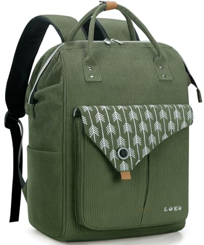 Lekesky Rucksack Damen Laptop Rucksack 15,6 Zoll Schulrucksack Daypack mit Anti Diebstahl Tasche für Reisen, Arbeit, Uni, Schule u. Büro, Grüner Kord