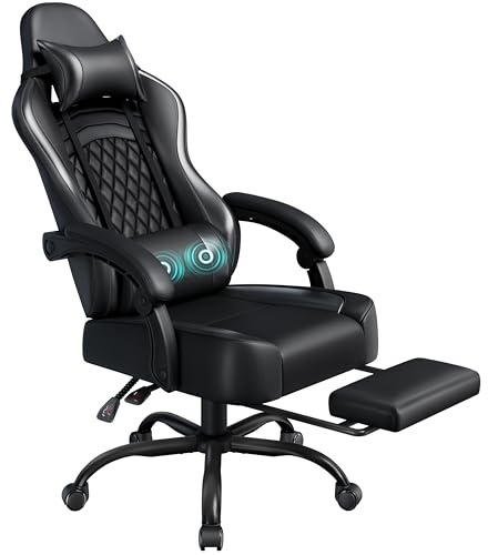 Yaheetech Gaming Stuhl, Ergonomischer Gaming-Stuhl mit Massagefunktion & Ausziehbarer Fußstütze, Verstellbare Rückenlehne, Höhenverstellbar, PC-Stuhl Computerstuhl Drehsessel (Schwarz)