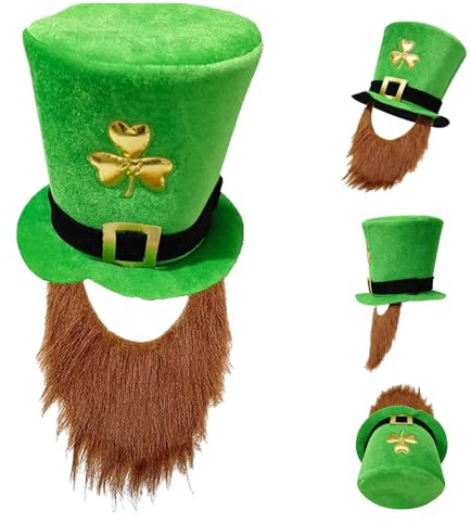 KLINNA Shamrock - Cappello con barba per festa di San Patrizio – Casco da vacanza irlandese in verde, comodo cilindro di velluto come travestimento per carnevale e feste a tema