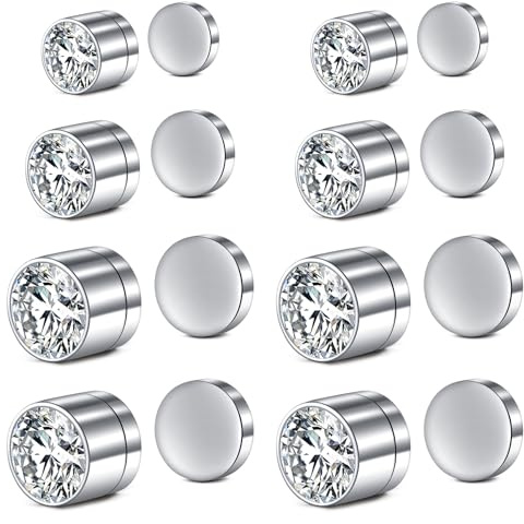 AVYRING Orecchini magnetici per uomo e donna, in acciaio inox, senza piercing, finto piercing, design con diamanti bianchi, 4 paia, Acciaio inossidabile