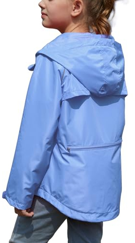 MODAFANS Girls Sporty Rain Jacket Waterproof Packable Lined Running Cycling Reflective Hooded Windbreaker,Blue,8-9Years