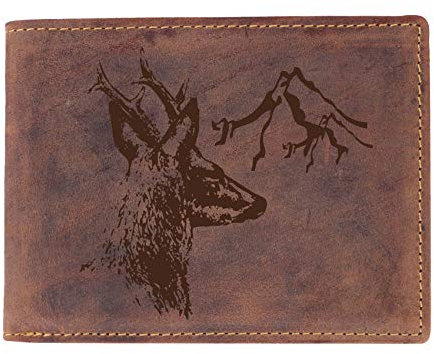 Greenburry Geldbörse mit REH Motiv I Leder-Portemonnaie für Jäger I brauner Geldbeutel mit Wild-Motiv - 12,5 x 9,5 x 2,5cm