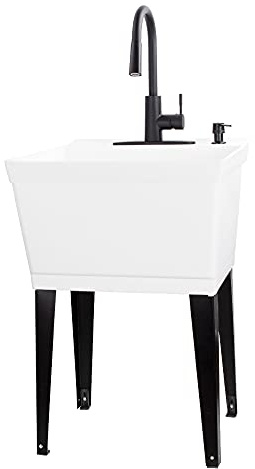 VETTA White Utility Sink Laundry Tub With High Arc Black Kitchen Faucet By VETTA - Pull Down Sprayer Spout, Heavy Duty Slop Sinks For Washing Room, Basement, Garage, or Shop, Free Standing Tubs